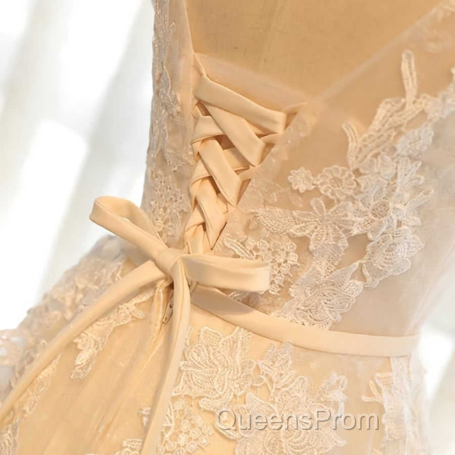 Round Neck Champagne Lace Evening Prom Dress with Corset Back, Champagne Lace Formal Evening Bridesmaid Dress