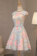 Round Neck Colorful Short Cap Sleeves Lace Evening Prom Dress, Short Colorful Lace Graduation Homecoming Dress