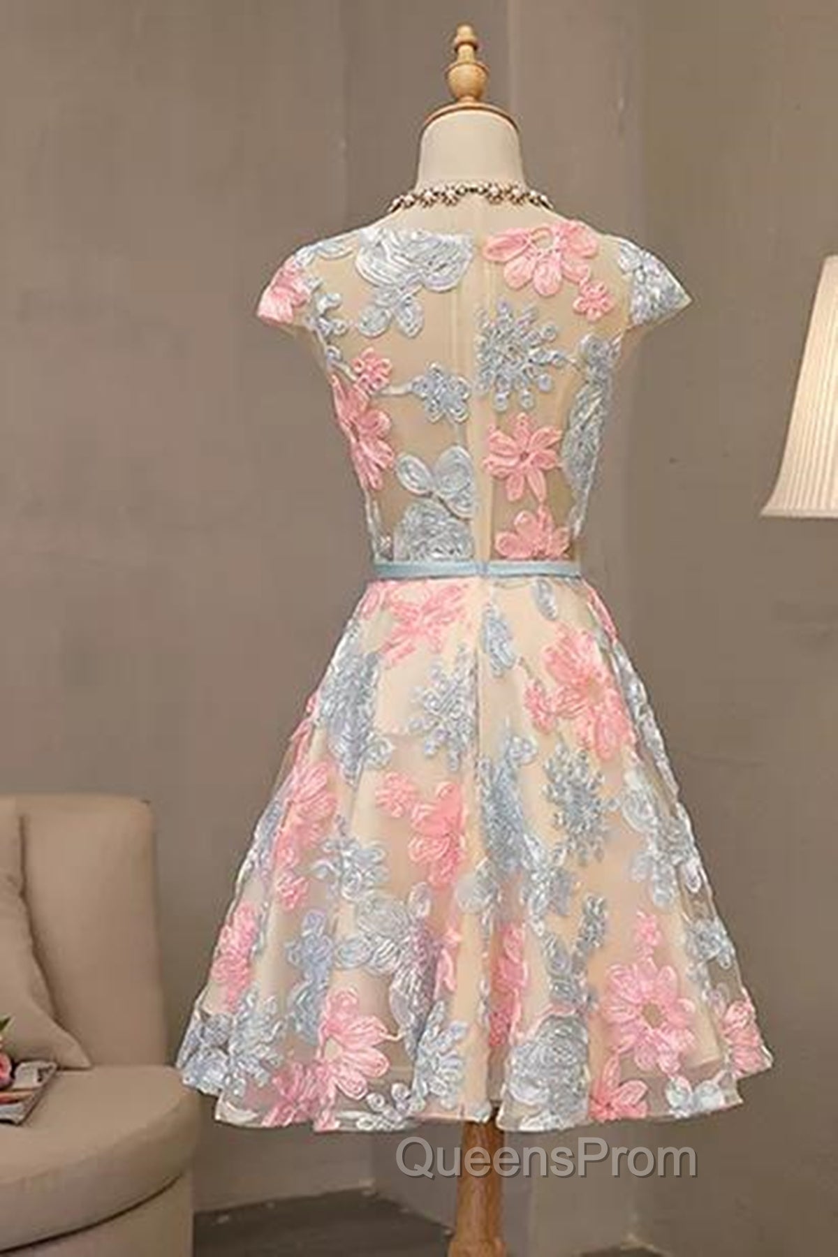 Round Neck Colorful Short Cap Sleeves Lace Evening Prom Dress, Short Colorful Lace Graduation Homecoming Dress