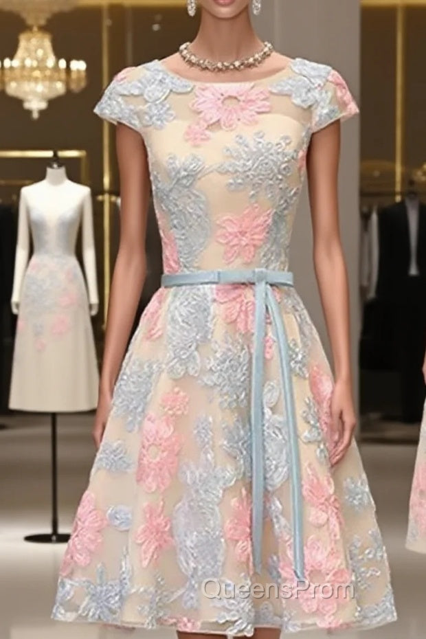 Round Neck Colorful Short Cap Sleeves Lace Evening Prom Dress, Short Colorful Lace Graduation Homecoming Dress Main image