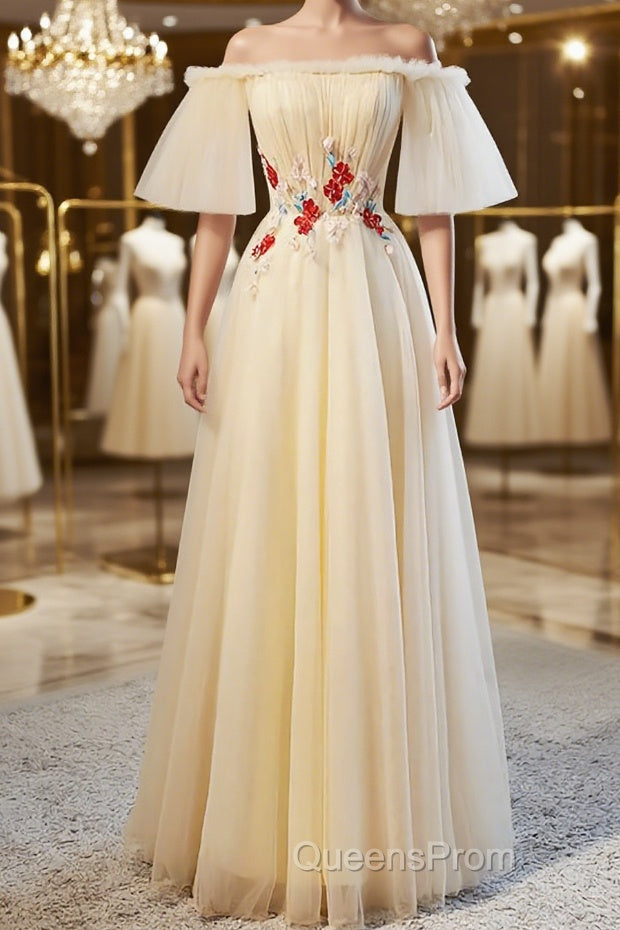 Round Neck Floral Champagne Long Evening Prom Dress with Corset Back, Champagne Long Formal Bridesmaid Dress Main image