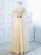 Round Neck Floral Champagne Long Evening Prom Dress with Corset Back, Champagne Long Formal Bridesmaid Dress