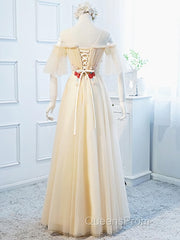 Round Neck Floral Champagne Long Evening Prom Dress with Corset Back, Champagne Long Formal Bridesmaid Dress