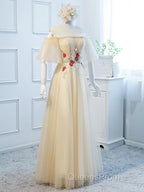 Round Neck Floral Champagne Long Evening Prom Dress with Corset Back, Champagne Long Formal Bridesmaid Dress