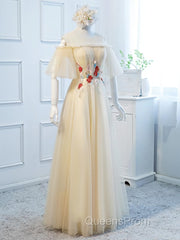 Round Neck Floral Champagne Long Evening Prom Dress with Corset Back, Champagne Long Formal Bridesmaid Dress