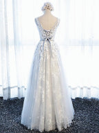 Round Neck Gray Lace Evening Prom Dress with Corset Back, Gray Lace Formal Evening Bridesmaid Dress