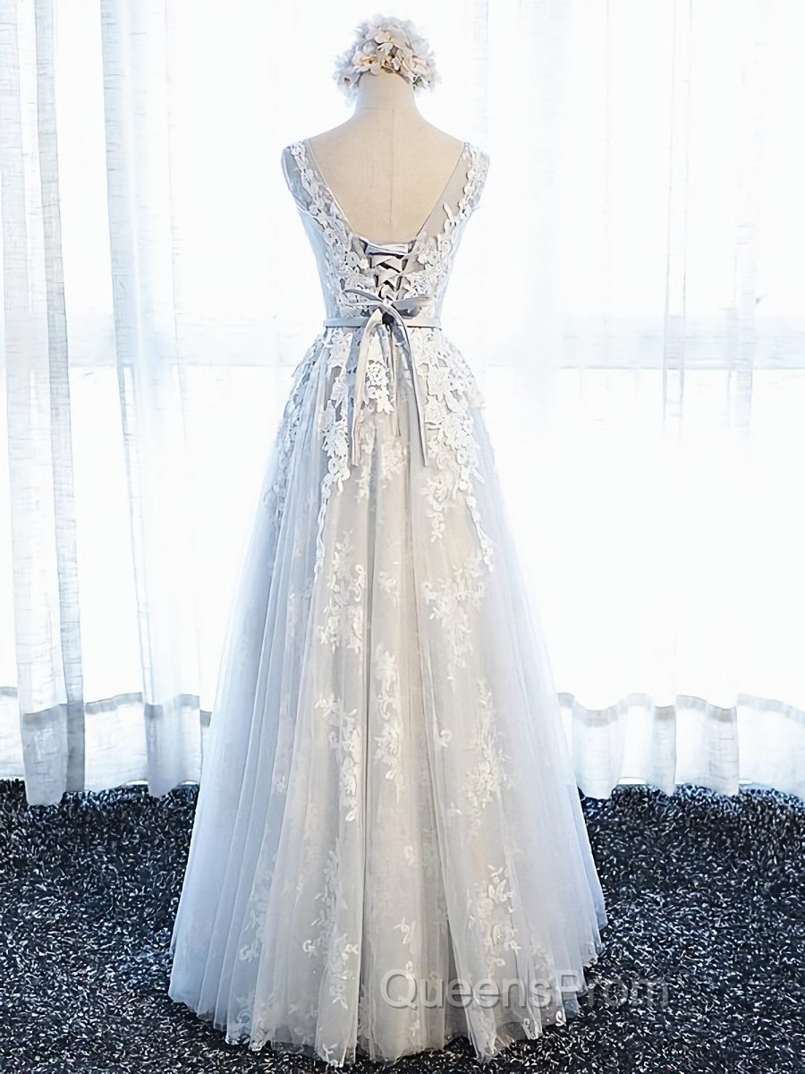 Round Neck Gray Lace Evening Prom Dress with Corset Back, Gray Lace Formal Evening Bridesmaid Dress