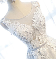 Round Neck Gray Lace Evening Prom Dress with Corset Back, Gray Lace Formal Evening Bridesmaid Dress