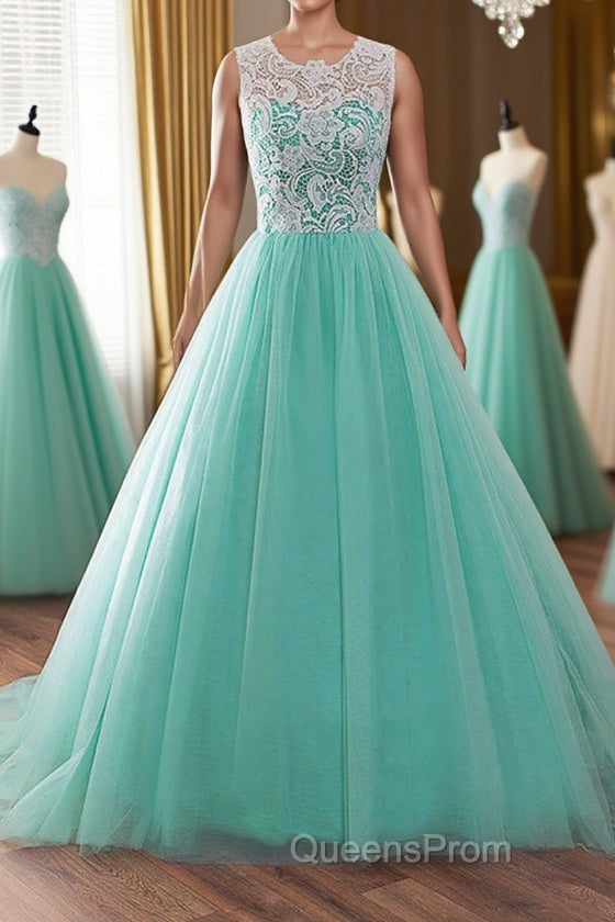 Round Neck Green Lace Tulle Long Evening Prom Dress, Green Lace Formal Dress, Green Evening Dress Main image