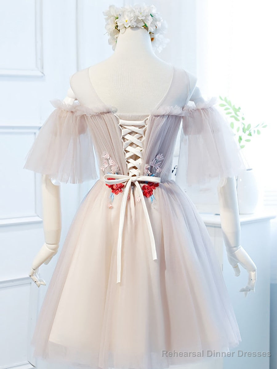 Round Neck Half Sleeves Short Pink Prom Dresses, Half Sleeves Short Pink Graduation Bridesmaid Dresses Secondary image