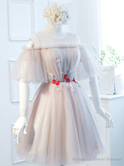 Round Neck Half Sleeves Short Pink Prom Dresses, Half Sleeves Short Pink Graduation Bridesmaid Dresses