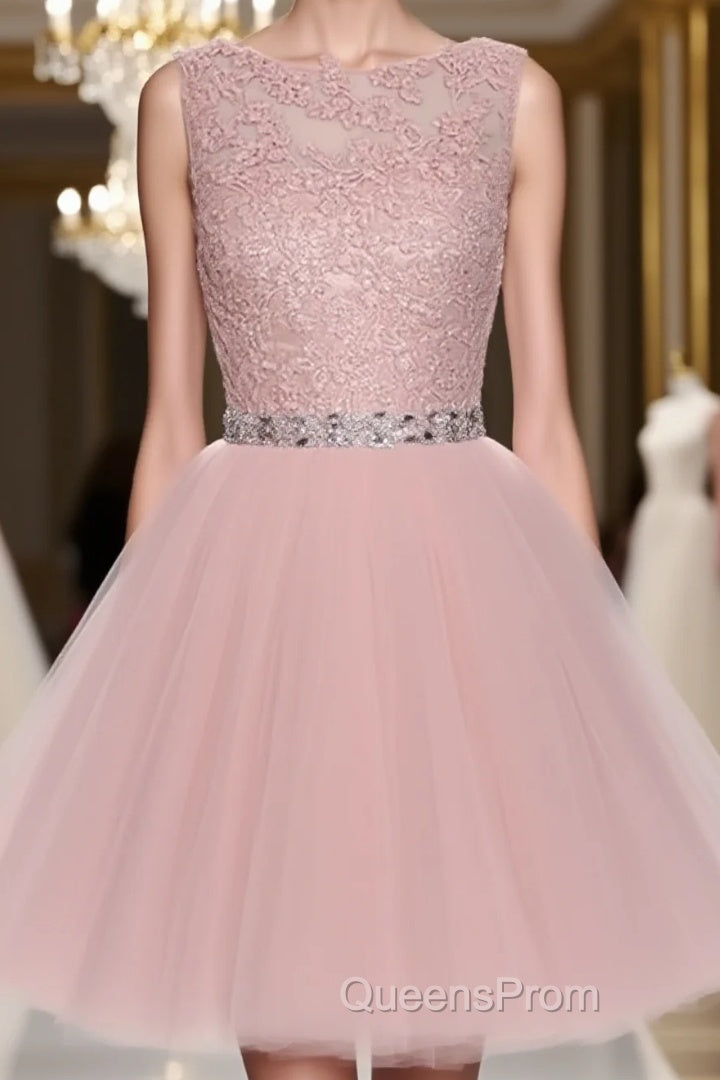 Round Neck Lace Short Pink Evening Prom Dress, Pink Homecoming Dress, Short Pink Formal Dress