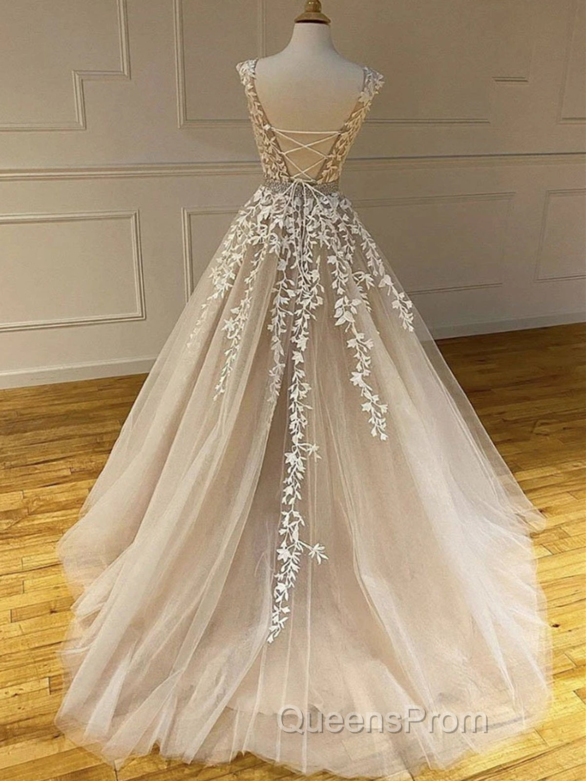 Round Neck Long Champagne Lace Wedding Dress, Champagne Lace Formal Evening Prom Evening Dress Secondary image