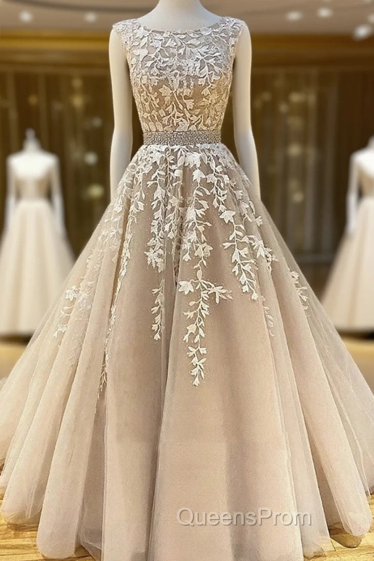 Round Neck Long Champagne Lace Wedding Dress, Champagne Lace Formal Evening Prom Evening Dress Main image