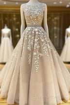 Round Neck Long Champagne Lace Wedding Dress, Champagne Lace Formal Evening Prom Evening Dress