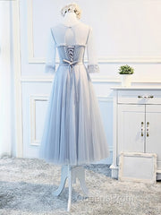 Round Neck Long Sleeves Blue Evening Prom Dress, Long Sleeves Blue Formal Bridesmaid Evening Dress