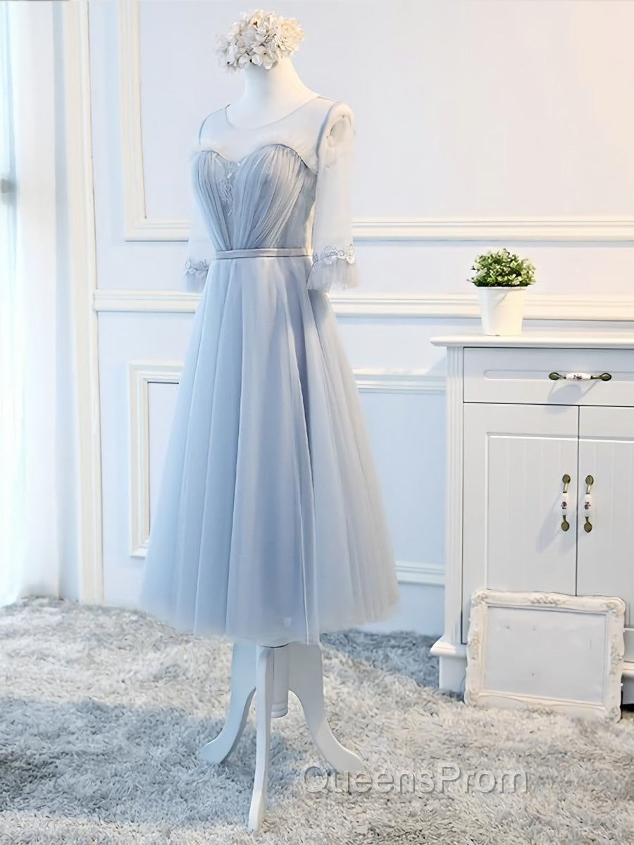 Round Neck Long Sleeves Blue Evening Prom Dress, Long Sleeves Blue Formal Bridesmaid Evening Dress