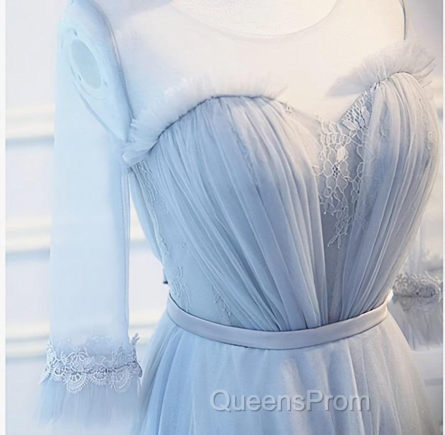 Round Neck Long Sleeves Blue Evening Prom Dress, Long Sleeves Blue Formal Bridesmaid Evening Dress