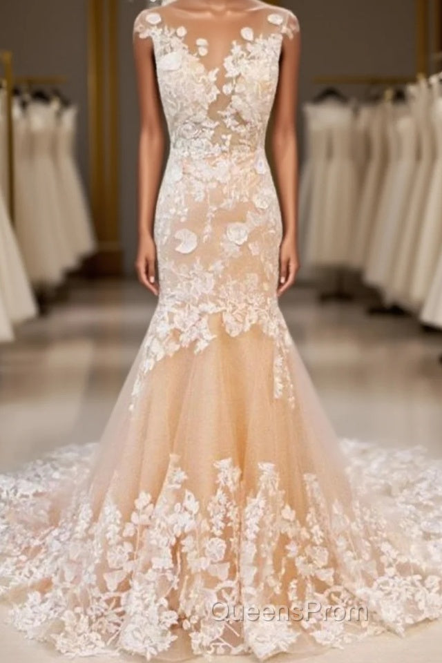 Round Neck Mermaid Champagne Lace Long Evening Prom Dress, Mermaid Champagne Formal Dress, Champagne Lace Evening Dress Main image