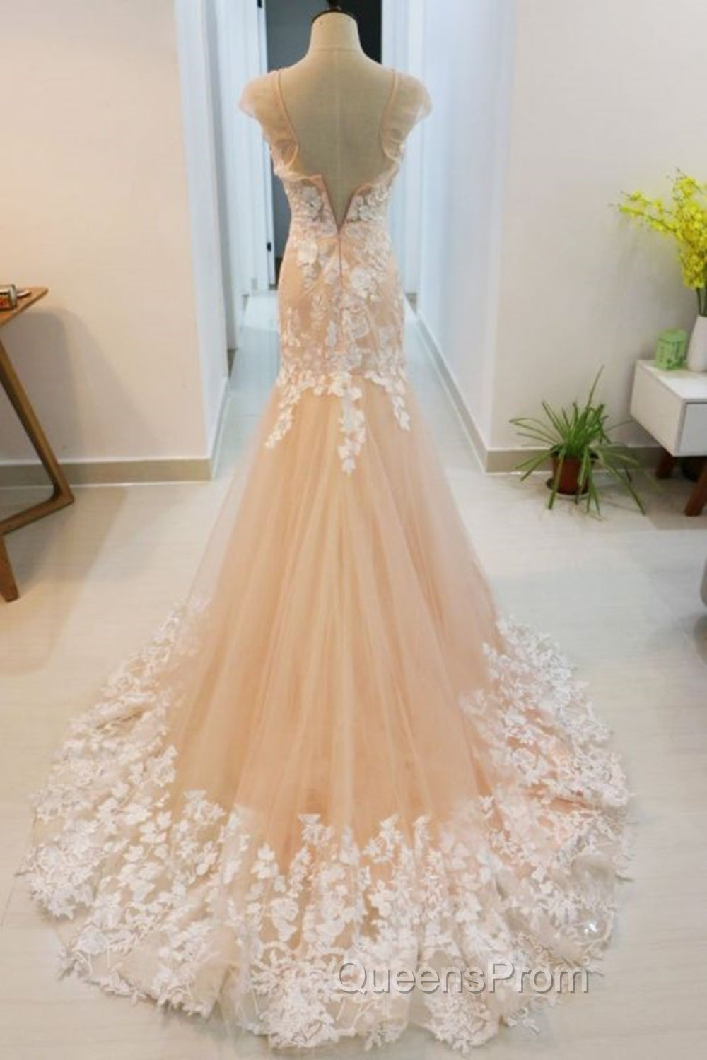 Round Neck Mermaid Champagne Lace Long Evening Prom Dress, Mermaid Champagne Formal Dress, Champagne Lace Evening Dress Secondary image