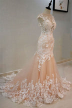 Round Neck Mermaid Champagne Lace Long Evening Prom Dress, Mermaid Champagne Formal Dress, Champagne Lace Evening Dress