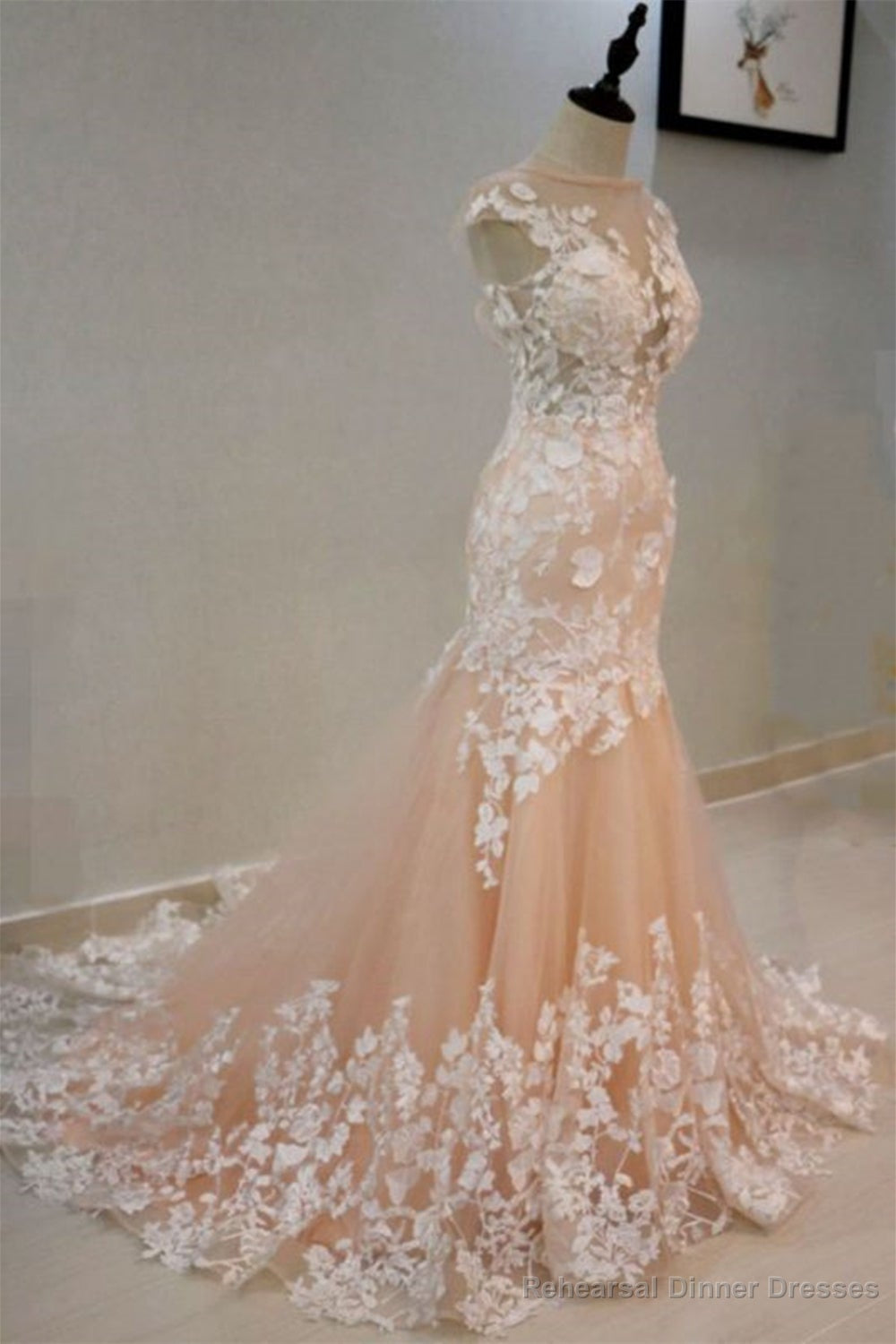 Round Neck Mermaid Champagne Lace Long Prom Dresses,Sexy Formal Dress,Graduation Dresses Main image