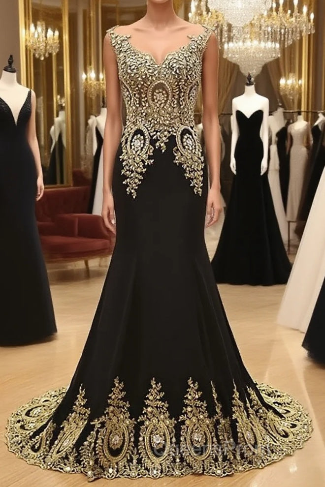 Round Neck Mermaid Lace Applique Black Evening Prom Dress, Lace Black Formal Dress Main image