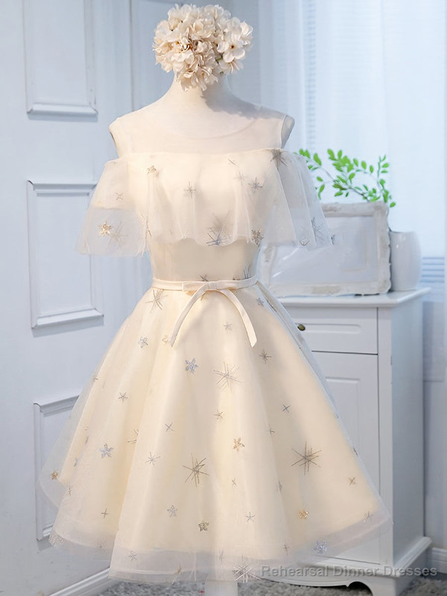 Round Neck Off the Shoulder Short Champagne Prom Dresses, Short Champagne Graduation Dress Secondary image