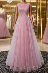 Round Neck Pink Beaded Long Evening Prom Dress, Pink Long Formal Evening Dress