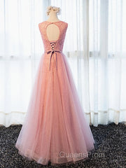 Round Neck Pink Beaded Long Evening Prom Dress, Pink Long Formal Evening Dress