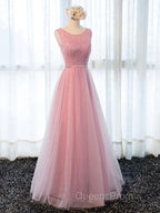 Round Neck Pink Beaded Long Evening Prom Dress, Pink Long Formal Evening Dress