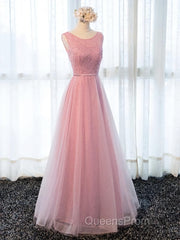 Round Neck Pink Beaded Long Evening Prom Dress, Pink Long Formal Evening Dress