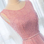 Round Neck Pink Beaded Long Evening Prom Dress, Pink Long Formal Evening Dress