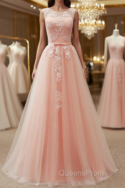 Round Neck Pink Lace Long Evening Prom Dress, Pink Lace Bridesmaid Dress Main image