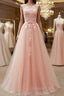 Round Neck Pink Lace Long Evening Prom Dress, Pink Lace Bridesmaid Dress