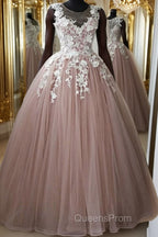 Round Neck Pink Lace Long Evening Prom Gown, Long Pink Lace Evening Prom Formal Evening Dress, Pink Ball Gown