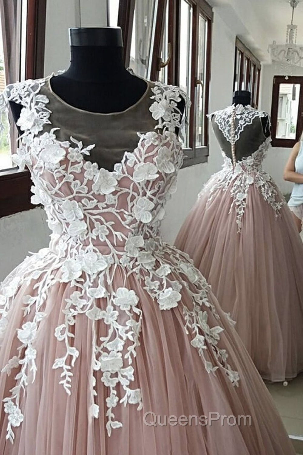 Round Neck Pink Lace Long Evening Prom Gown, Long Pink Lace Evening Prom Formal Evening Dress, Pink Ball Gown Secondary image