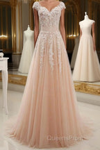 Round Neck Pink Lace Evening Prom Dress, Pink Lace Formal Evening Dress