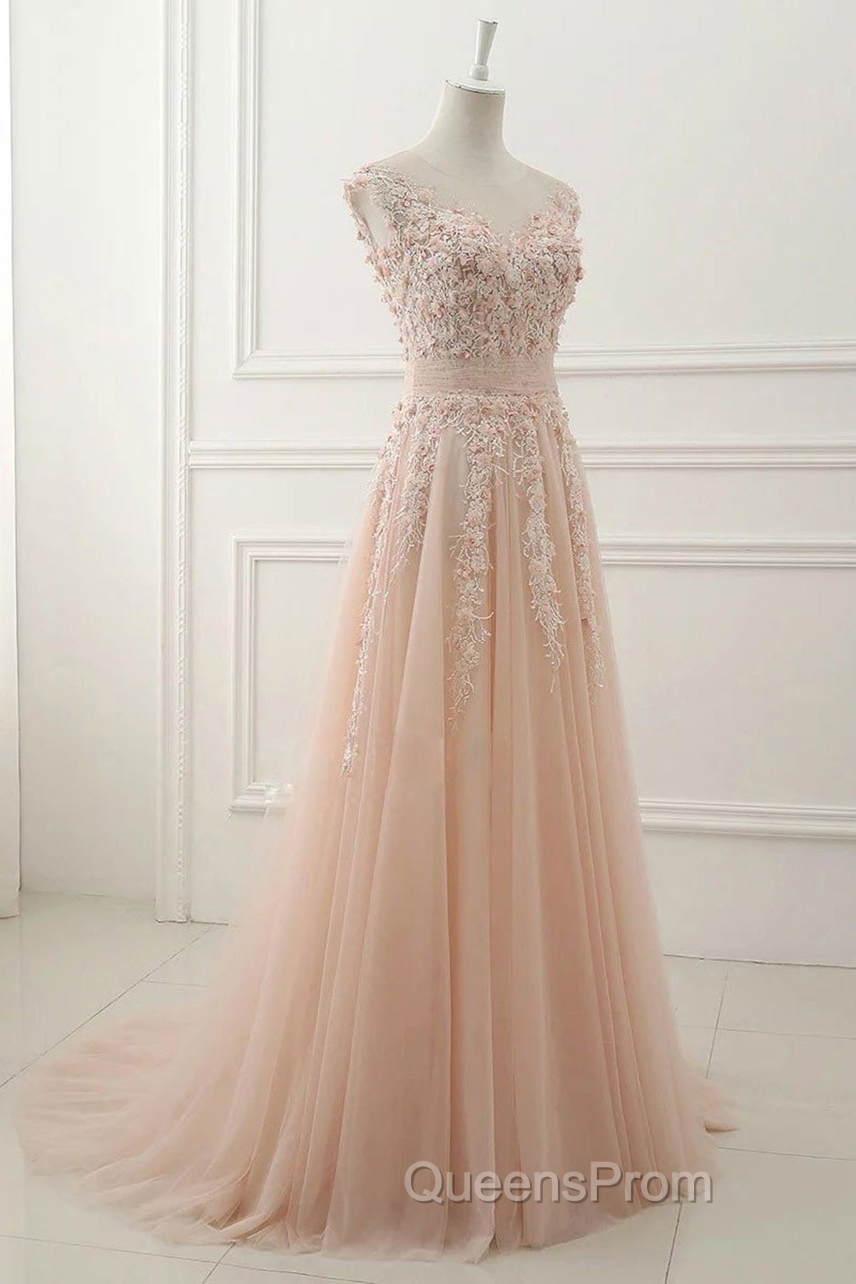 Round Neck Pink Lace Evening Prom Dress, Pink Lace Formal Evening Dress Secondary image