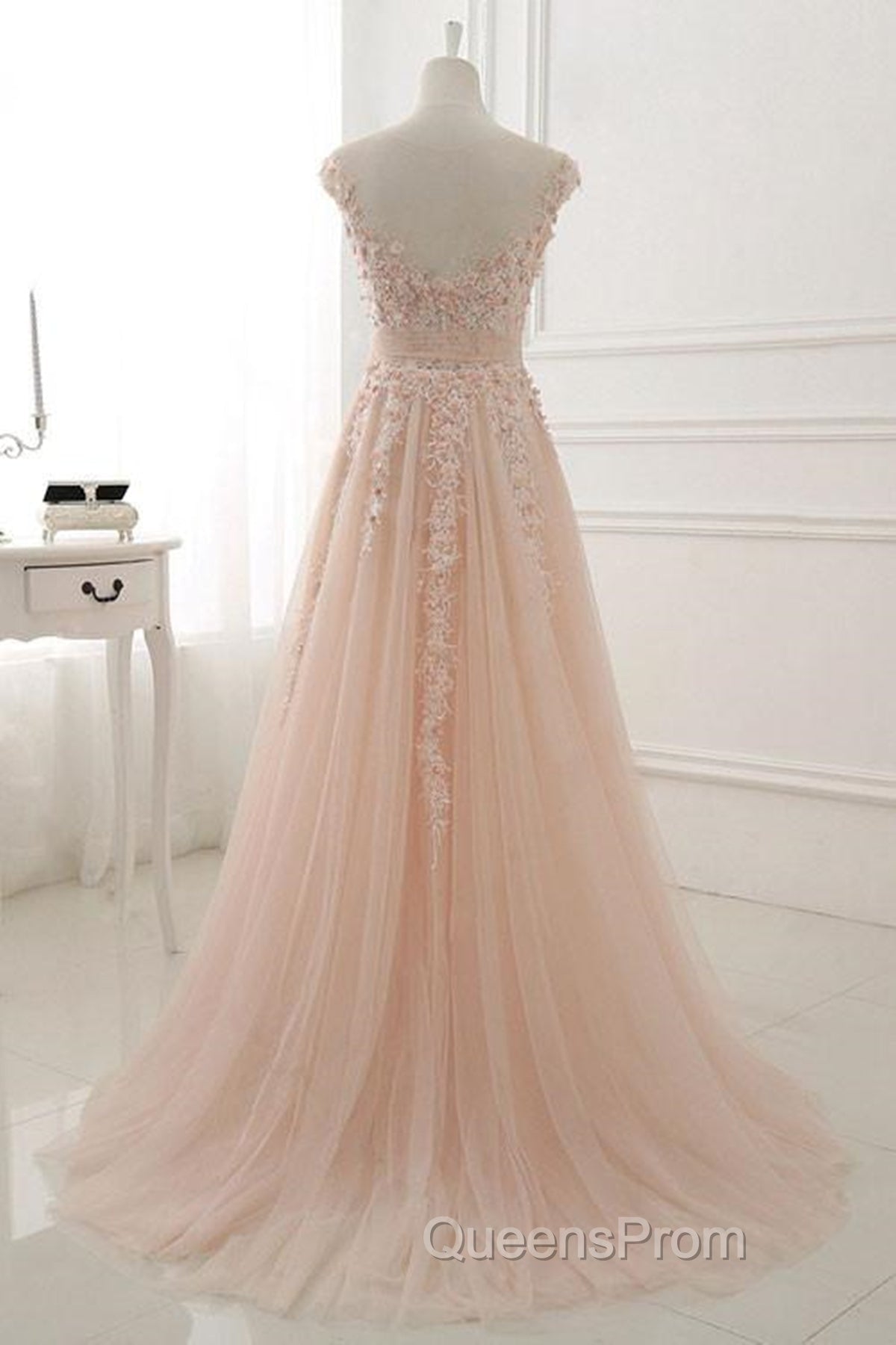 Round Neck Pink Lace Evening Prom Dress, Pink Lace Formal Evening Dress