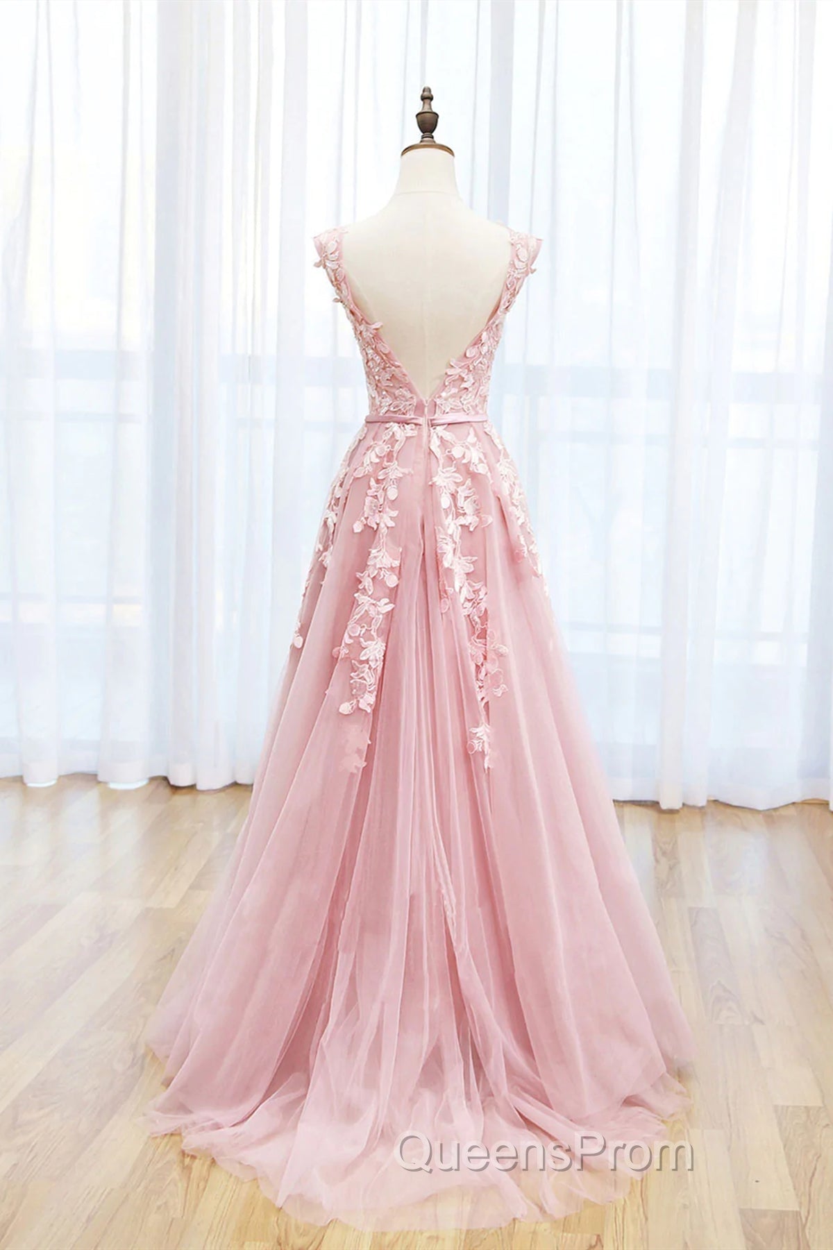Round Neck Pink Lace Evening Prom Dress, Pink Lace Long Formal Evening Dress Secondary image