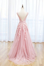 Round Neck Pink Lace Evening Prom Dress, Pink Lace Long Formal Evening Dress