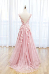 Round Neck Pink Lace Evening Prom Dress, Pink Lace Long Formal Evening Dress