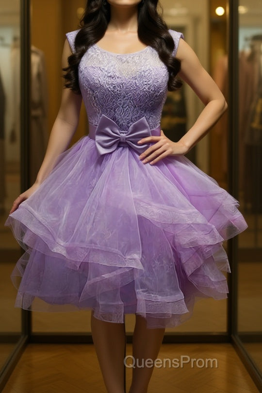 Round Neck Purple Lace Short Evening Prom Dress, Lilac Lace Homecoming Dress, Purple Formal Evening Dress Main image