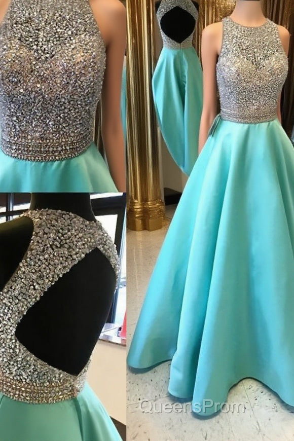 Round Neck Sequin Open Back Green Evening Prom Dress, Evening Dress Main image
