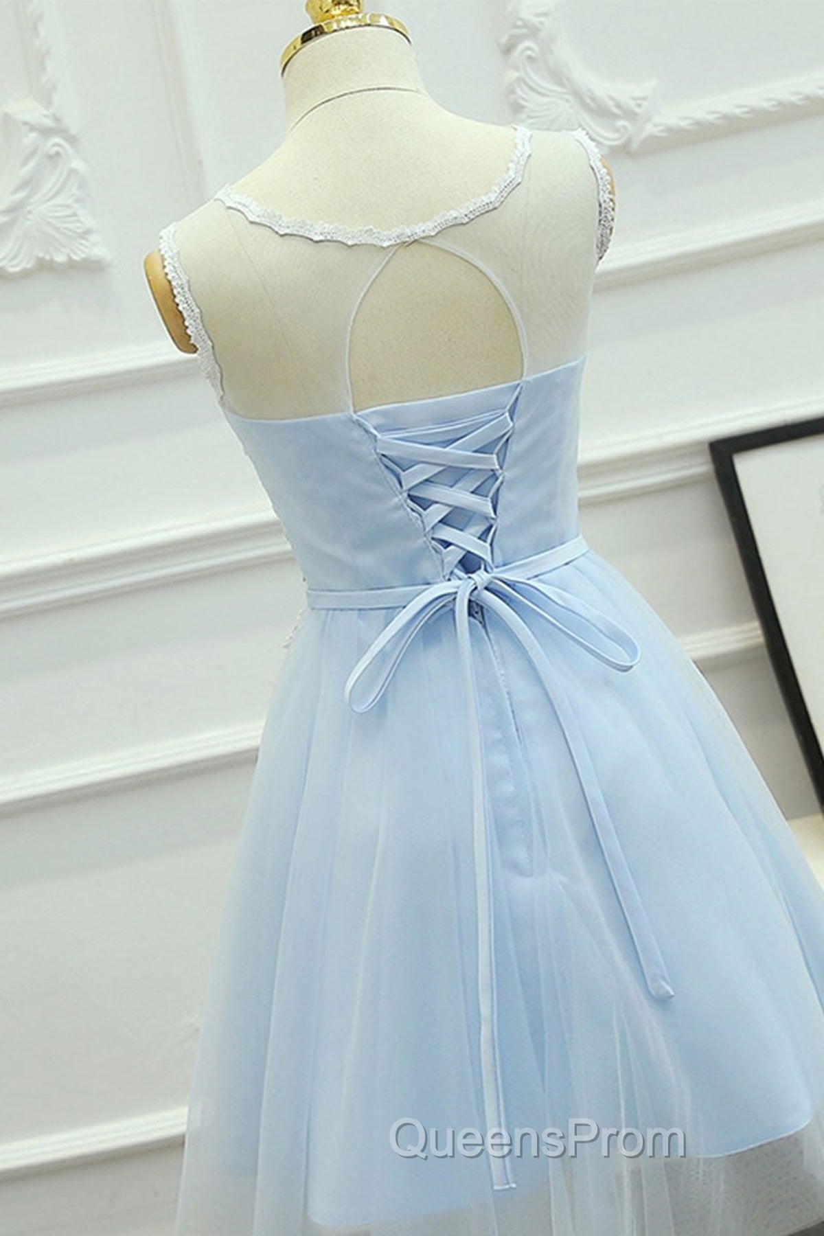 Round Neck Short Blue Lace Evening Prom Dress, Short Blue Lace Homecoming Graduation Dress