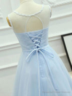 Round Neck Short Blue Lace Prom Dresses, Short Light Blue Lace Formal Graduation Dresses