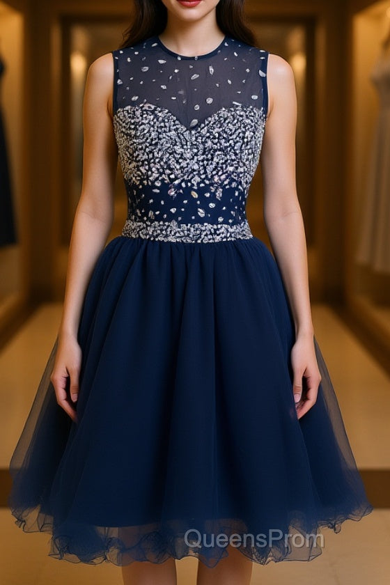 Round Neck Short Dark Blue Evening Prom Dress, Short Dark Blue Homecoming Dress Main image