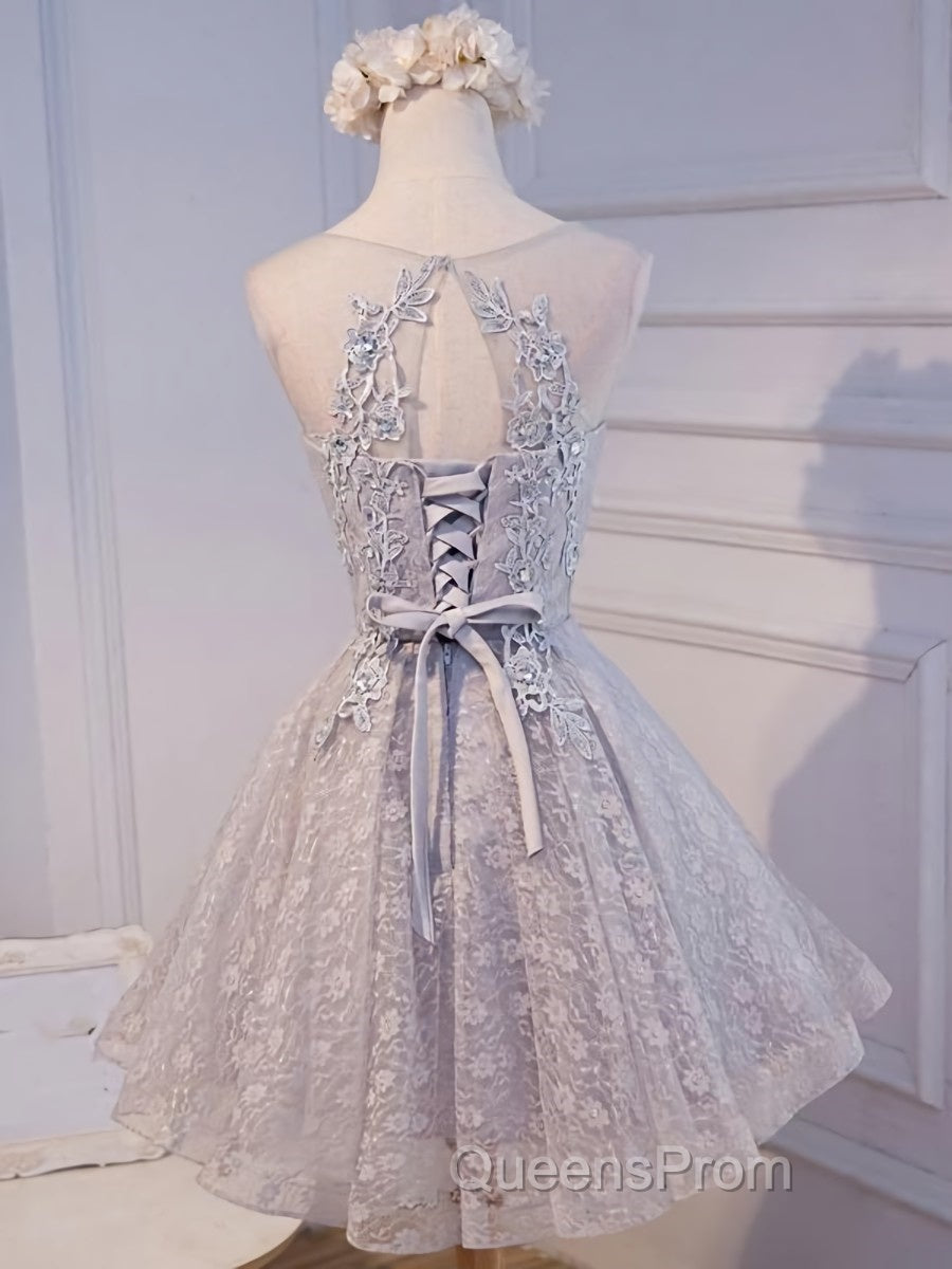 Round Neck Short Gray Lace Evening Prom Dress, Short Gray Lace Formal Homecoming Graduation Dress Secondary image