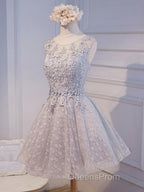 Round Neck Short Gray Lace Evening Prom Dress, Short Gray Lace Formal Homecoming Graduation Dress